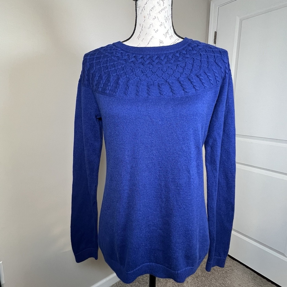Talbots Cable Yoke Cotton Cashmere Blend Sweater Small Navy Classic Layering